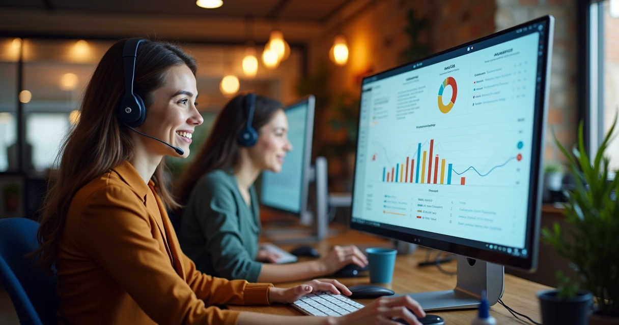 Equipe de suporte e painel de CRM com dados de clientes varejistas