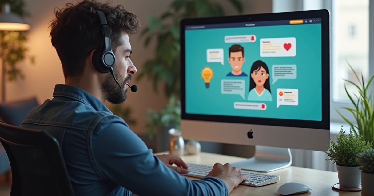 Pessoa sendo atendida em chat de suporte via notebook 