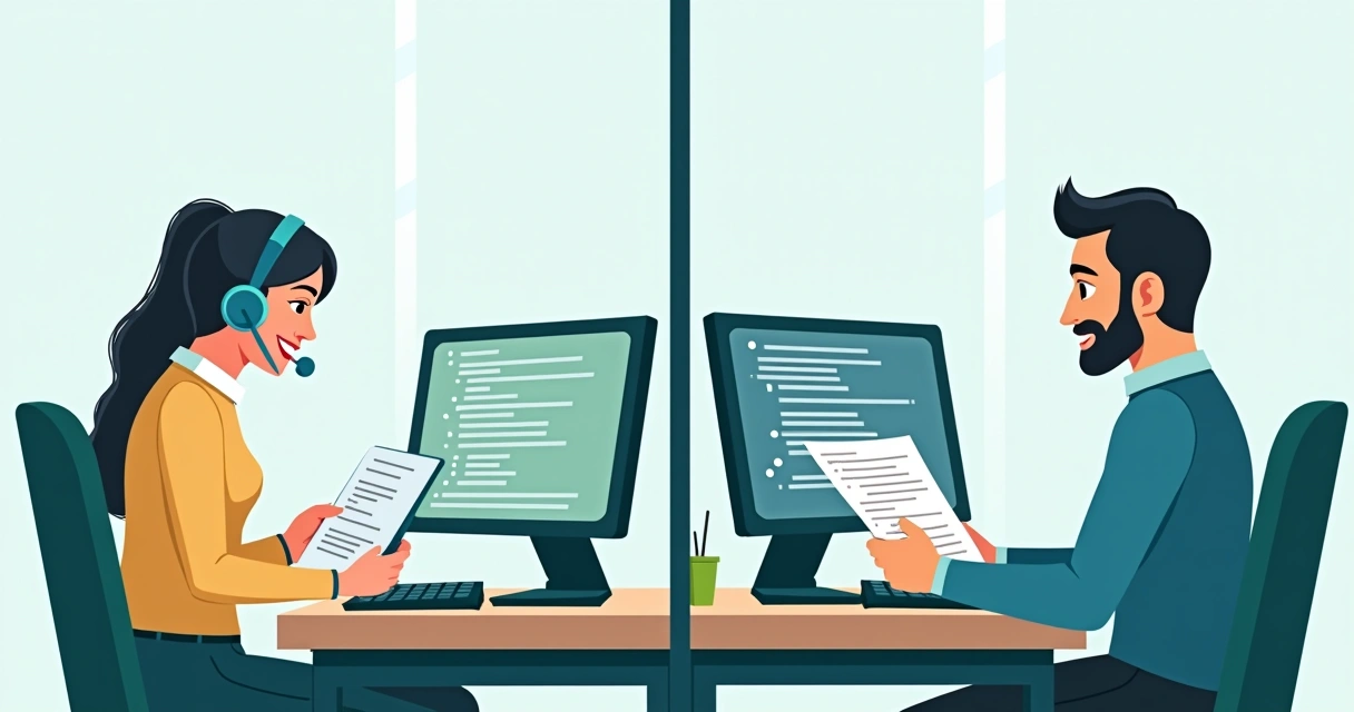 Ilustração mostrando um atendente resolvendo dúvidas simples e outro com telas cheias de códigos 