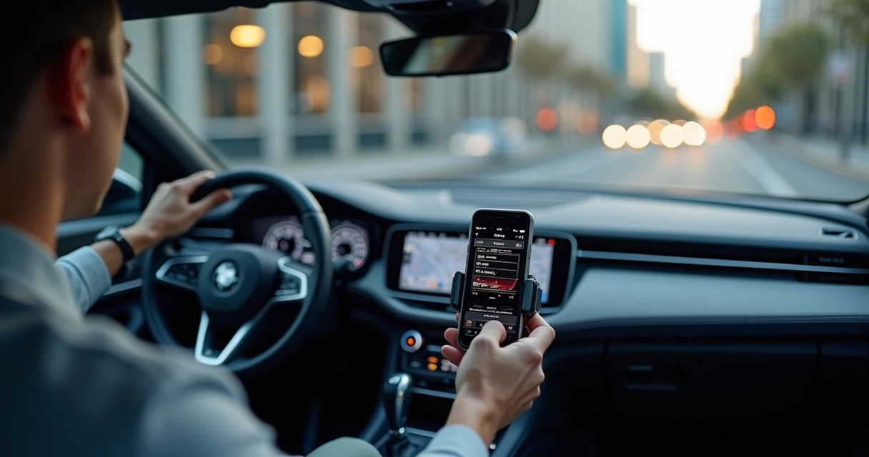Celular com GPS em suporte no carro, integrado via Bluetooth 