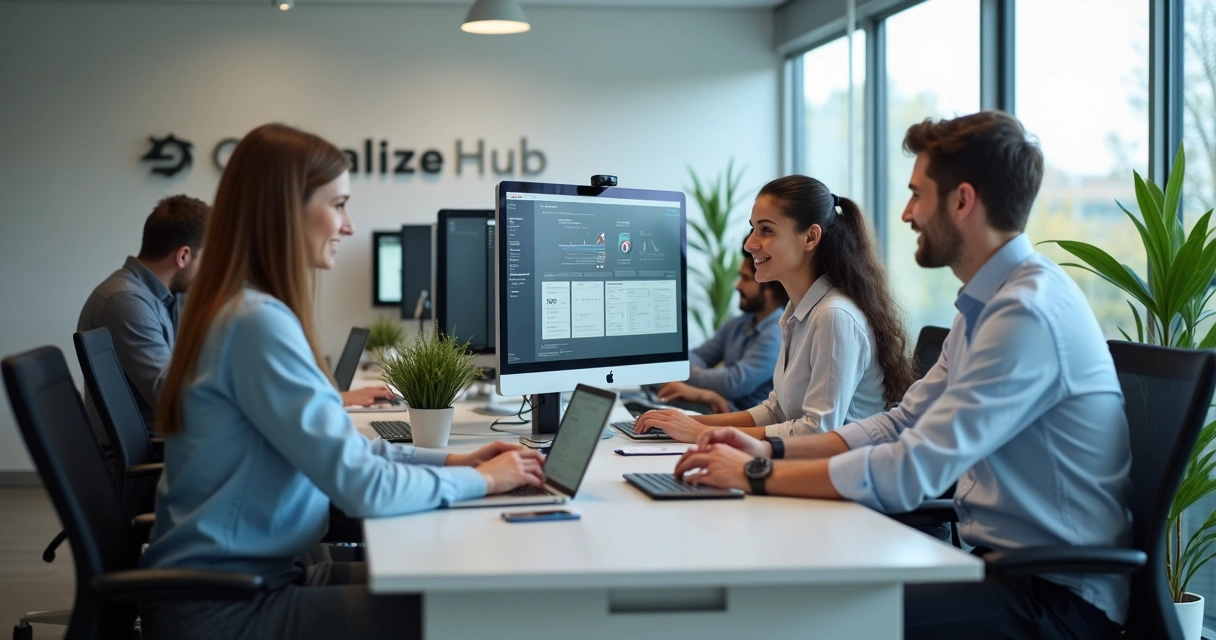 Equipe de suporte da Centralize Hub atendendo cliente em escritório moderno 