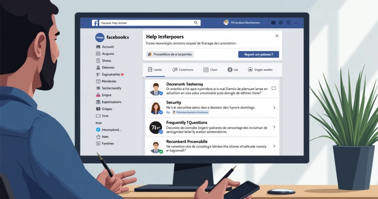 Tela do Centro de Ajuda do Facebook exibindo opções de suporte e perguntas frequentes