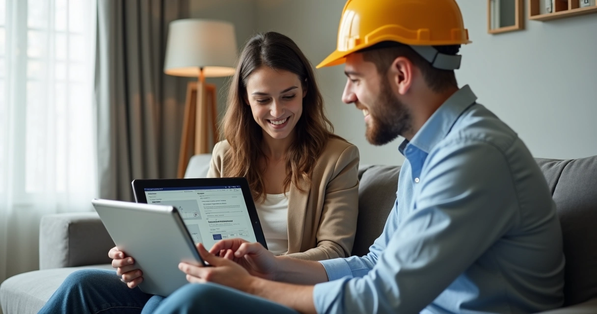 Cliente recebendo orientação digital pós-obra com tablet e engenheiro 