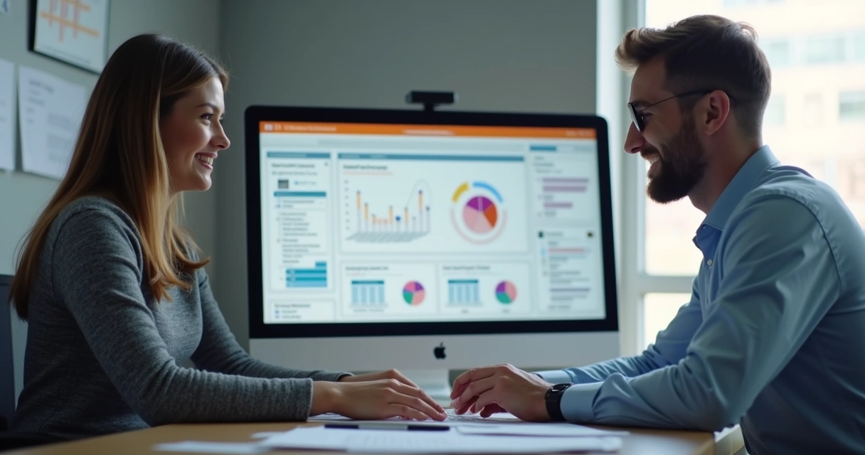 Profissional de TI auxiliando cliente em computador 