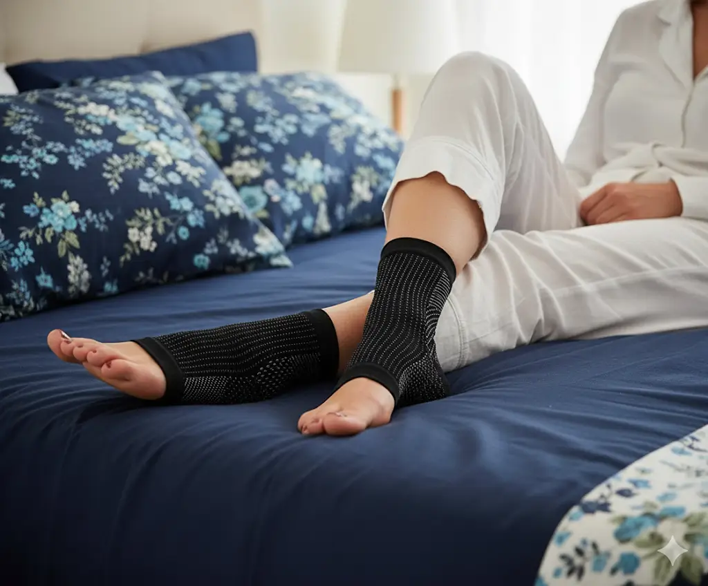 Pessoa sentada na cama usando meias de compressão NeuroFit