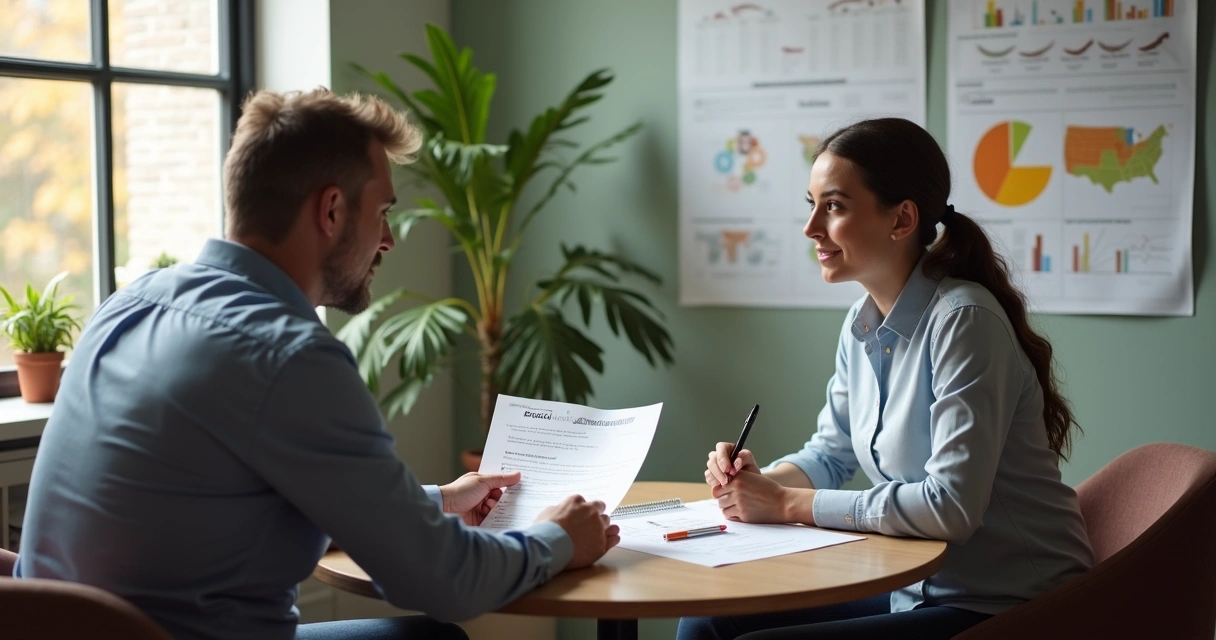 Gestor orientando funcionário individualmente em sala de reuniões agradável