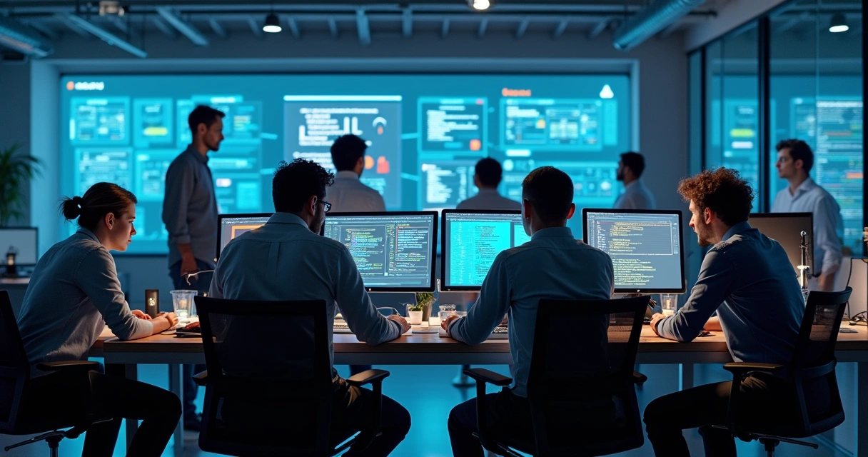 Equipe de TI colaborando em um ambiente de escritório moderno com computadores 