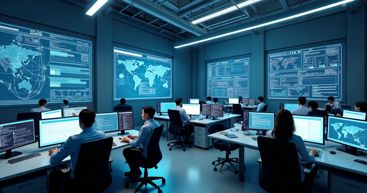 Sala moderna de monitoramento de TI com profissionais em computadores analisando dados em telas múltiplas 