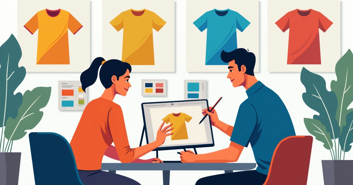 Designer auxiliando cliente na criação de camiseta personalizada em diversas cores