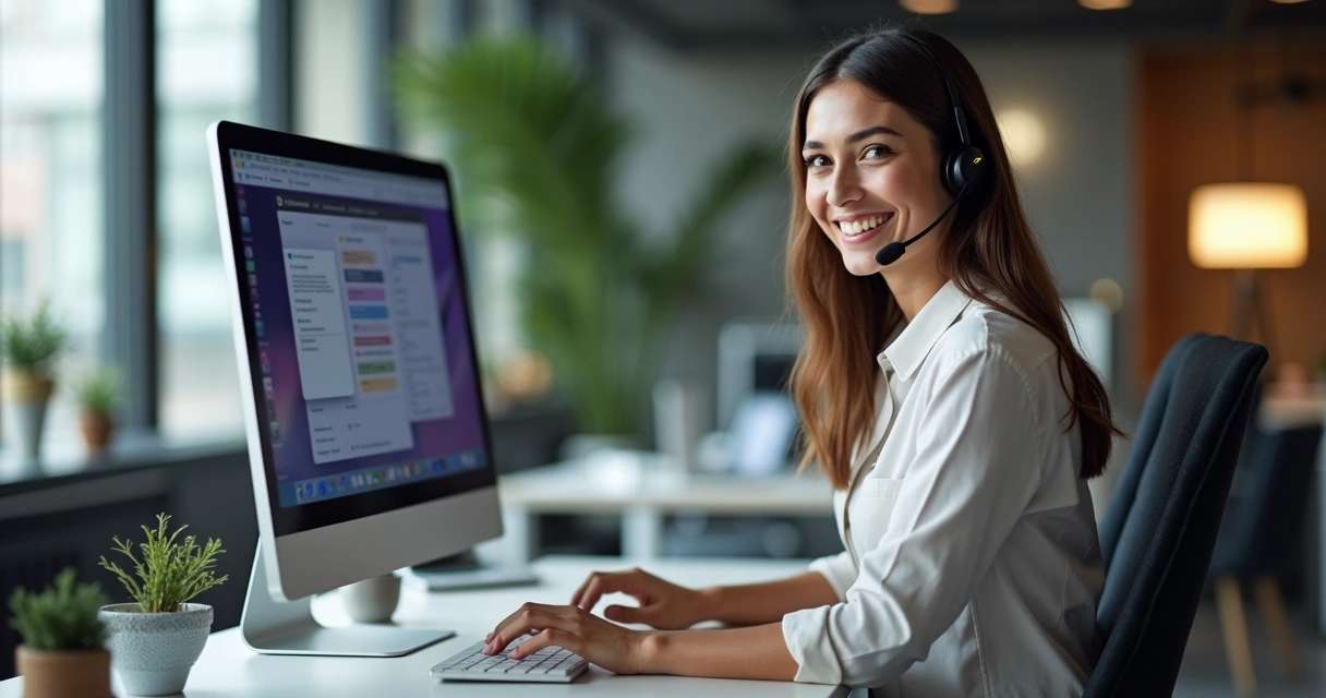 Profissional auxiliando cliente por chat em escritório moderno 