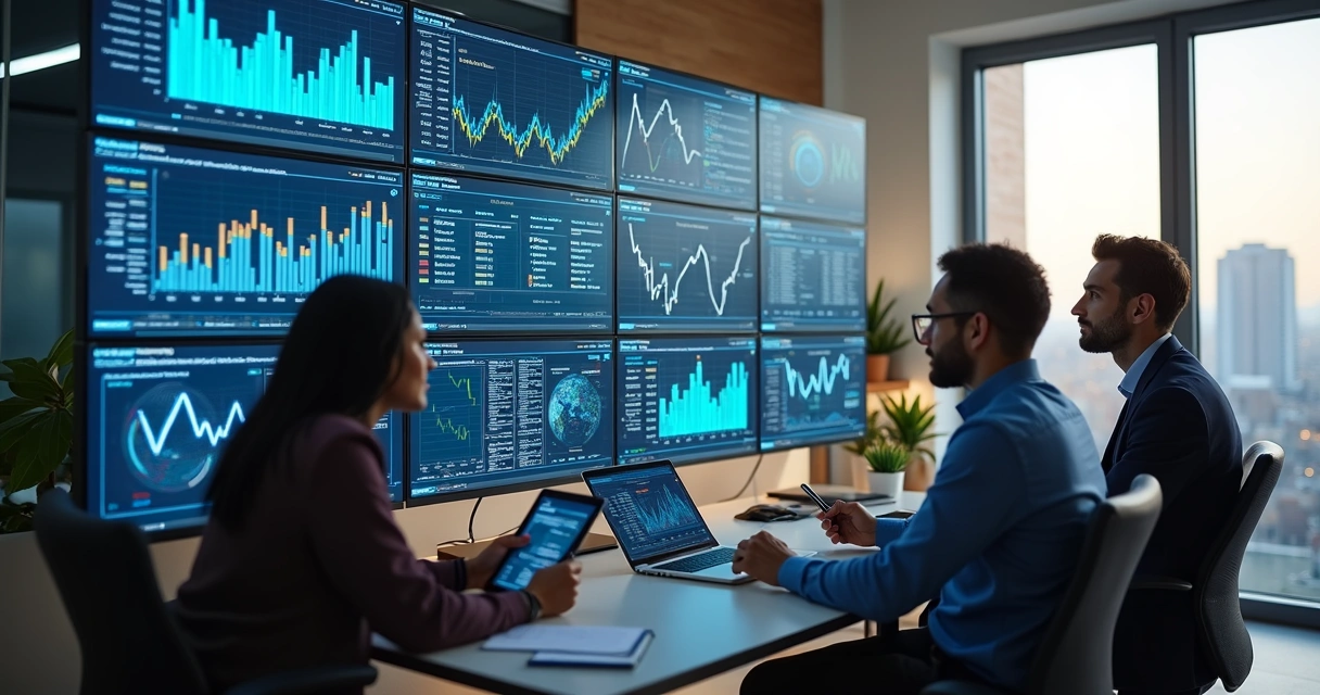 Equipe técnica analisa desempenho do site em telas com gráficos 