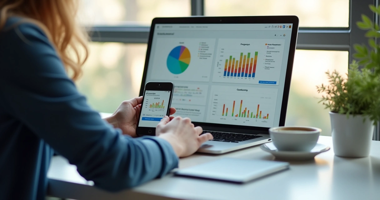 Pessoa usando notebook e smartphone ao mesmo tempo, acompanhando feedbacks e avaliações de clientes em tempo real na tela. 