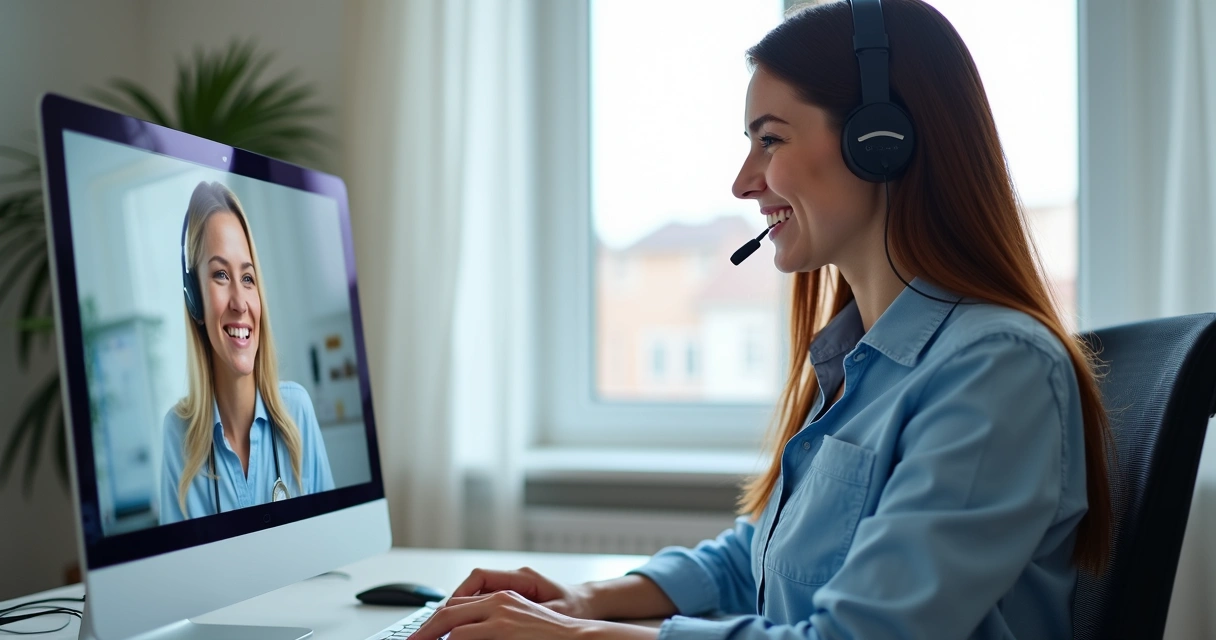 Atendente de e-commerce prestando suporte, cliente satisfeito na tela 