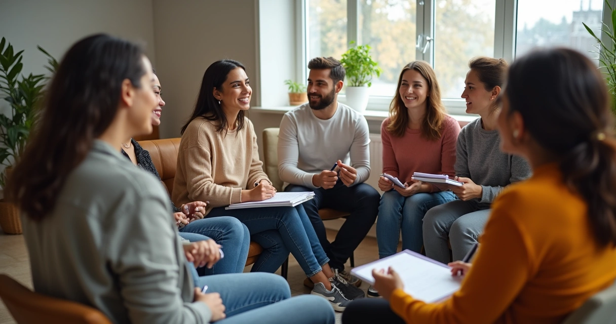 Grupo de pessoas sentadas em círculo apoiando-se 