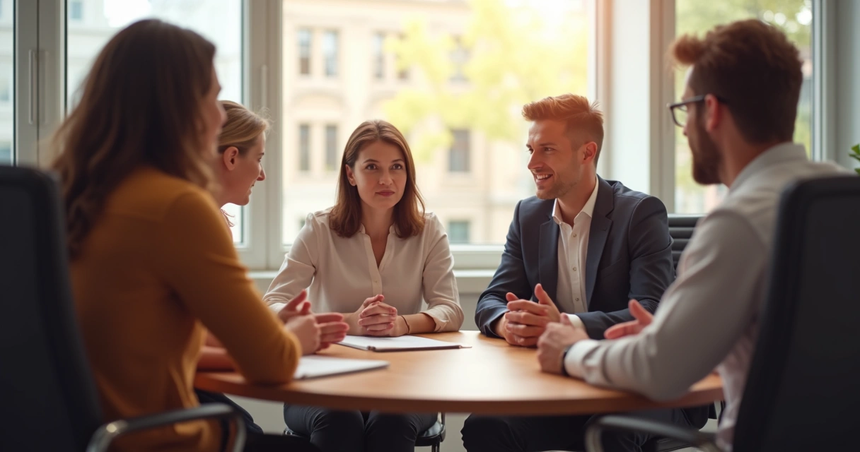 Equipe corporativa reunida em círculo em sala de reunião, mostrando apoio mútuo 
