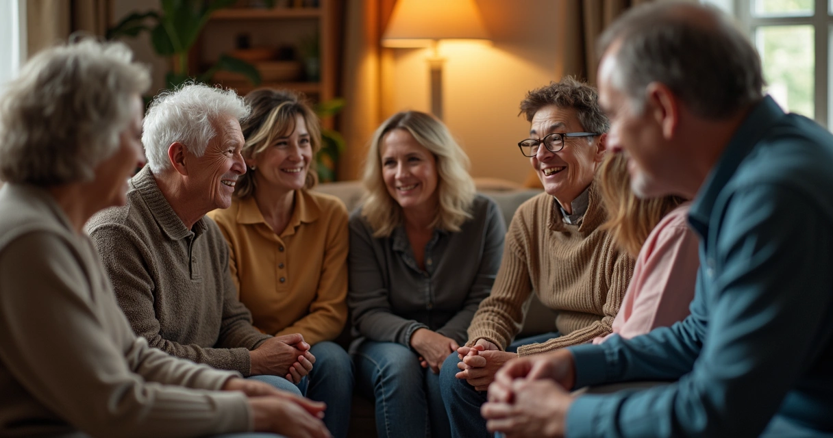 Grupo de pessoas conversando e apoiando-se sentados em cadeiras em círculo 