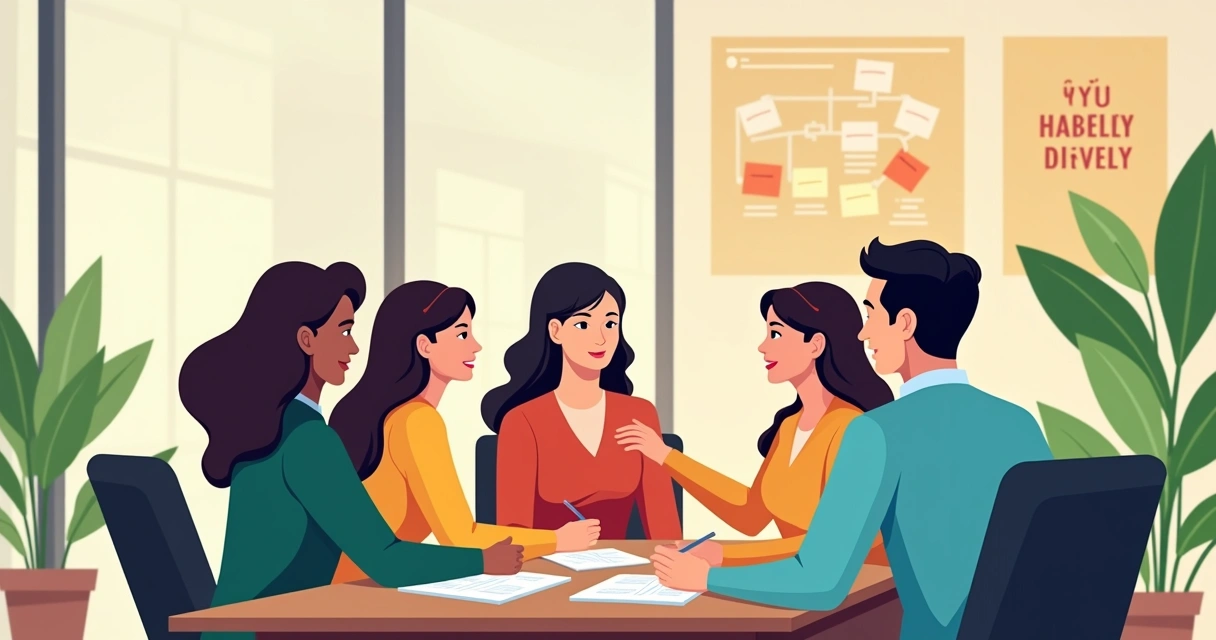 Equipe de trabalho diversa em uma reunião, pessoa autista recebendo suporte de colega. 
