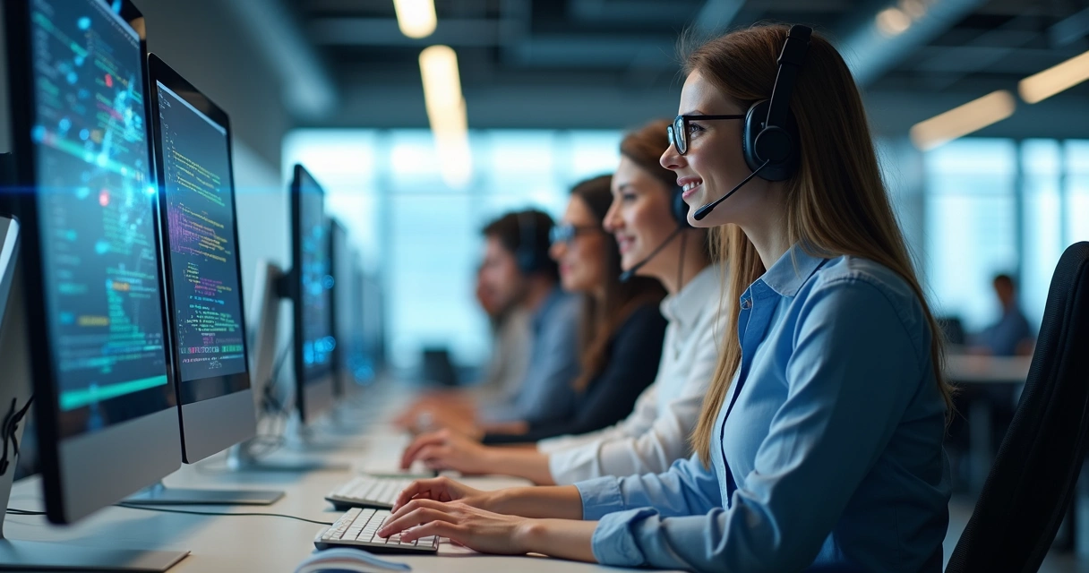 Equipe de TI auxiliando funcionários em escritórios de empresa 