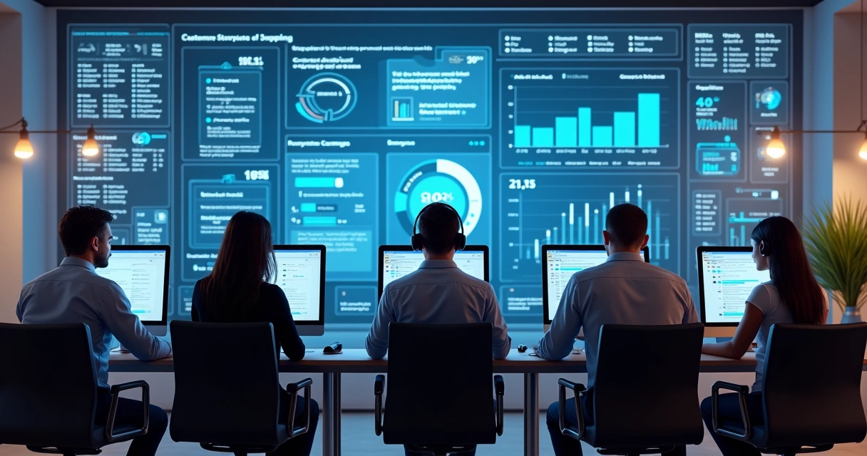 Equipe de suporte trabalhando em computadores, com painéis digitais ao fundo 