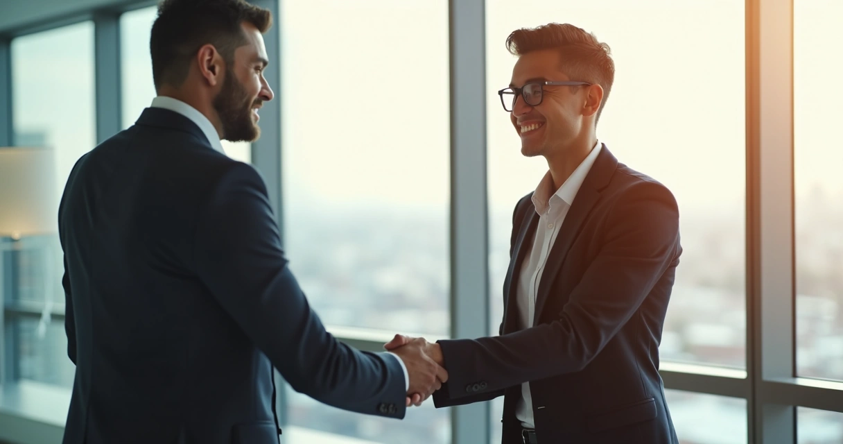 Gestor apoiando colaboradora, aperto de mão em ambiente corporativo