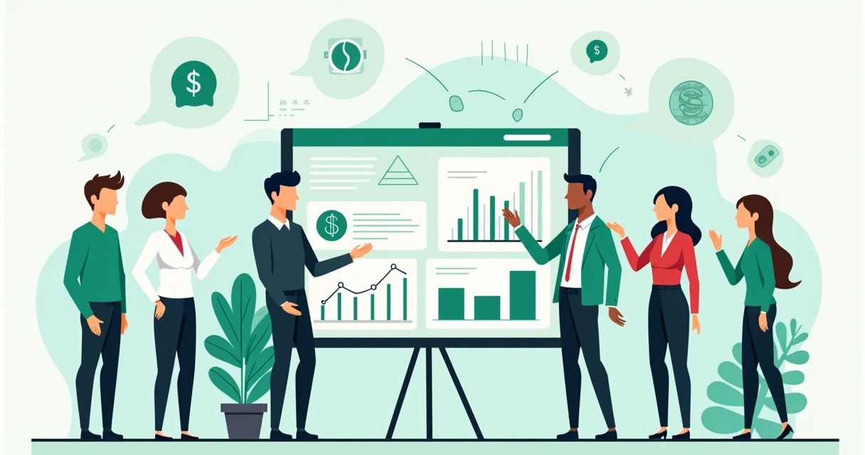Equipe de suporte discutindo pagamentos diante de um painel digital 
