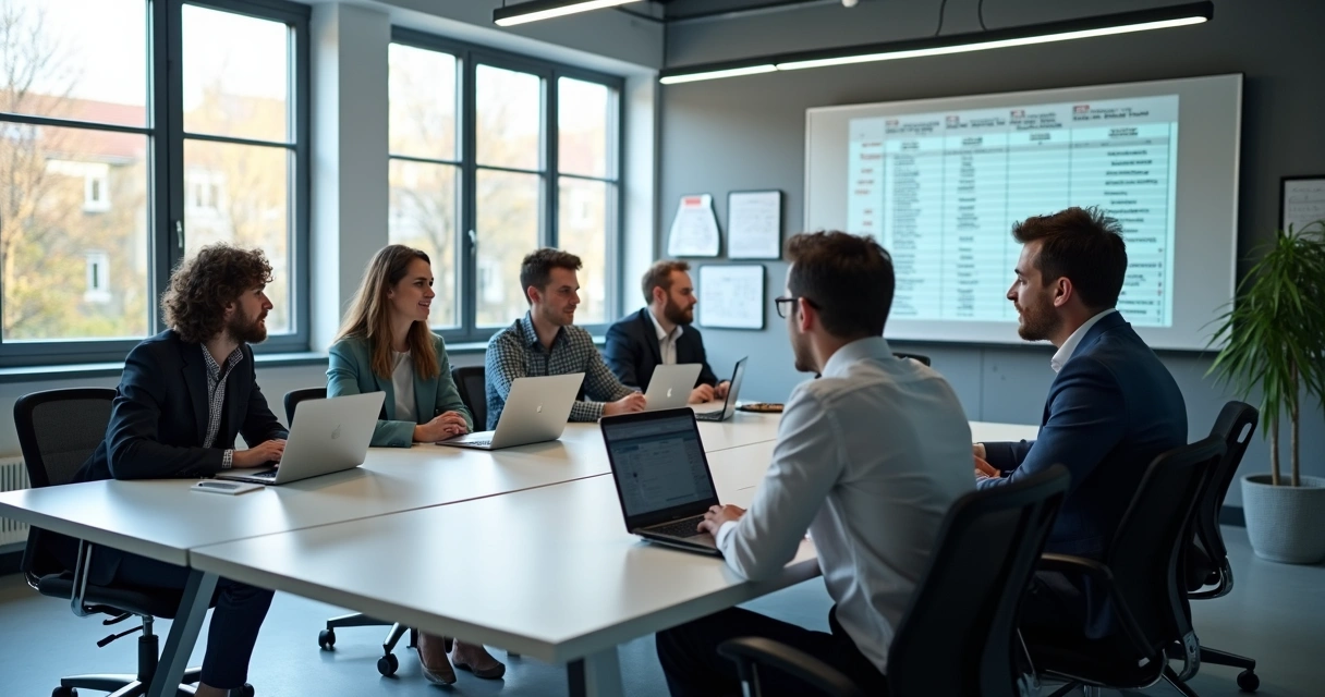 Equipe de TI reunida em sala de reuniões com computadores abertos 