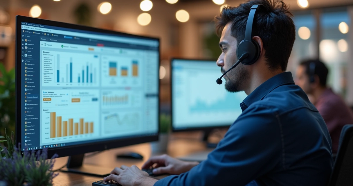 Atendente de suporte técnico atendendo lojista via computador com vários canais de comunicação abertos e gráficos ao fundo 