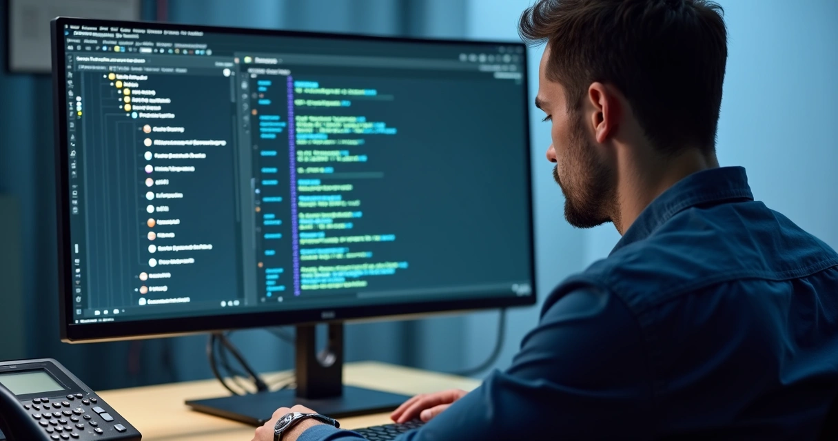 Técnico de TI ajustando configurações de VoIP em tela de computador 