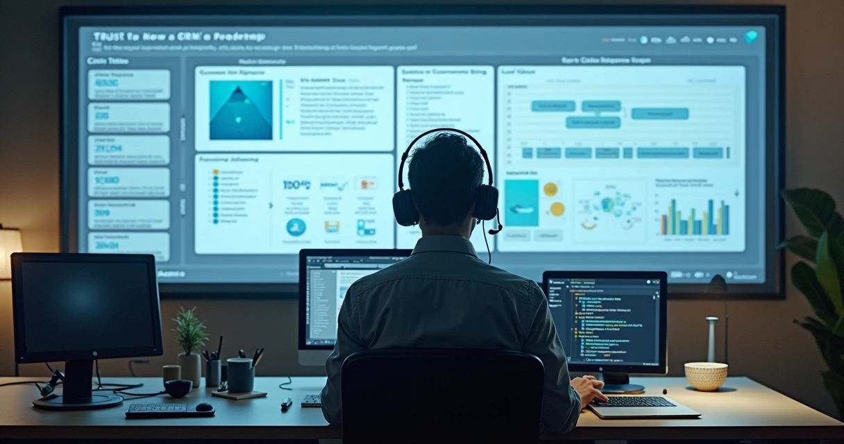Profissional atendendo suporte técnico de CRM e telão de evolução do sistema 