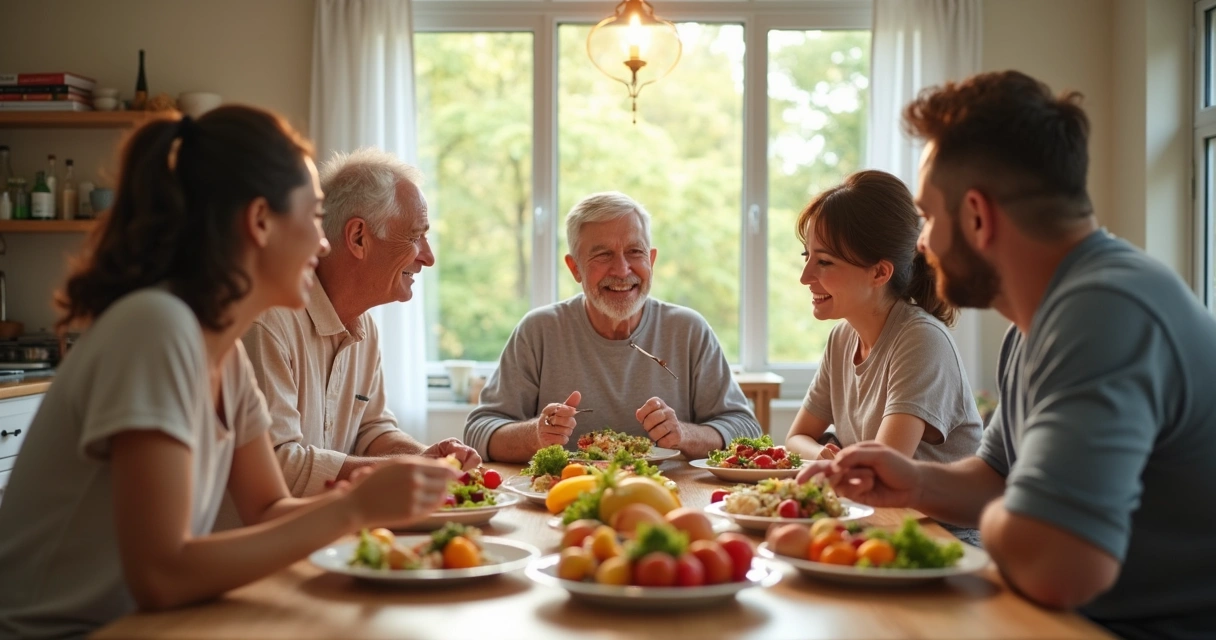 Paciente com doença crônica rodeado de familiares felizes em volta de uma mesa saudável.