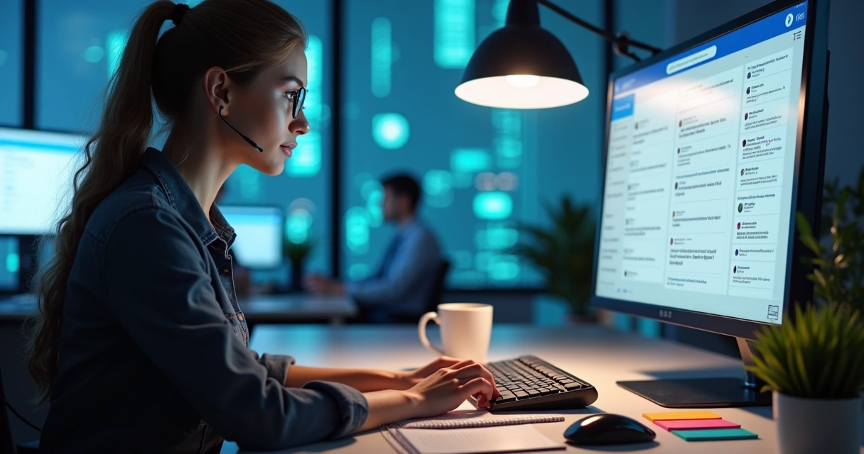Atendente SaaS em computador respondendo feedback de cliente. 