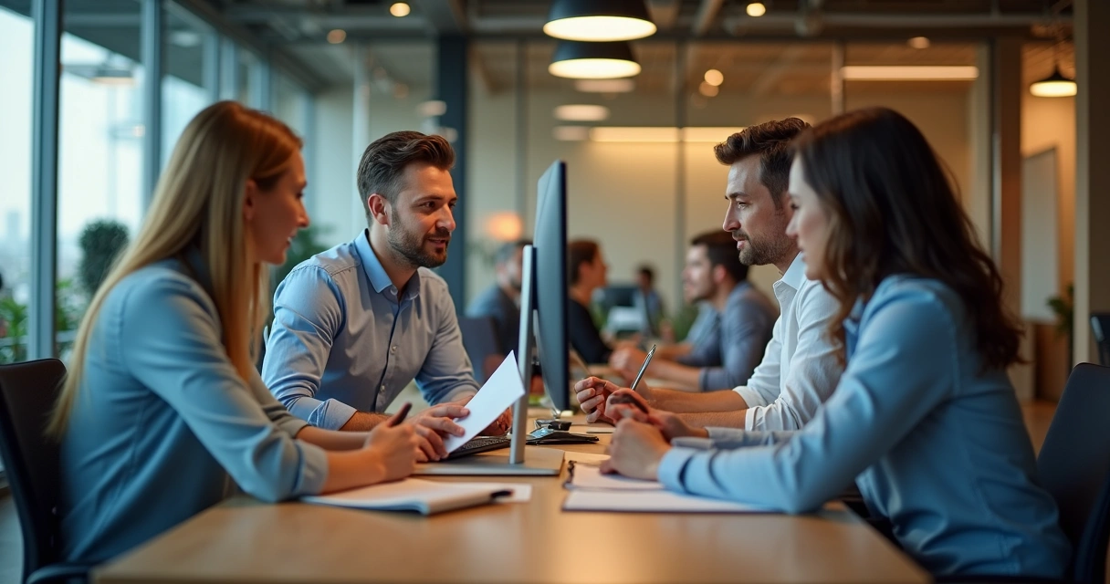 Equipe de suporte prestando atendimento a franqueado em escritório moderno, com telas de computadores e documentos ao redor 