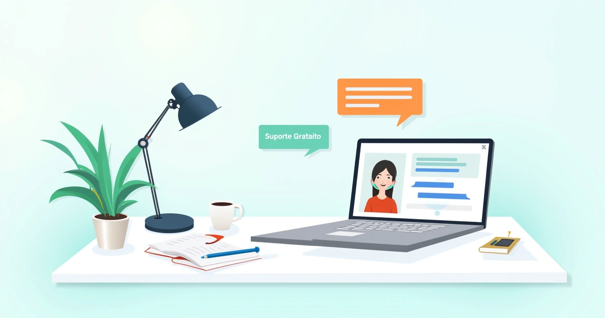 Ambiente de escritório com laptop, suporte ao cliente na tela e elementos de conforto como café e plantas.