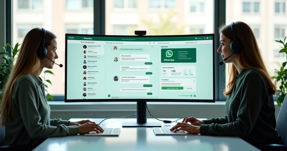 Agentes de suporte com tela exibindo fila e handoff do bot.