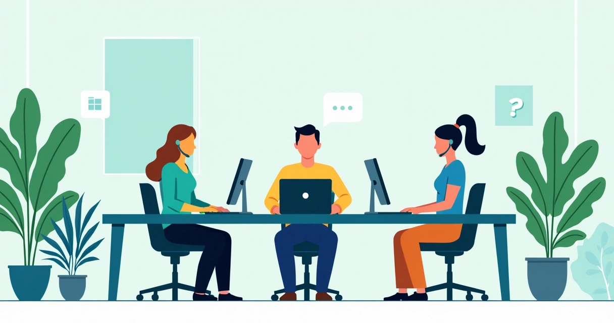 Equipe de suporte humanizado em um escritório moderno atendendo um empreendedor digital em uma mesa com computador. 