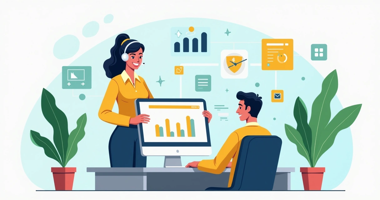 Atendente explicando painel financeiro digital para cliente, ambos sorrindo, rodeados de símbolos de comunicação e gráficos 
