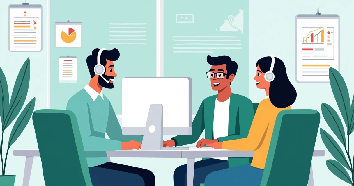 Equipe de suporte auxiliando um cliente digital em escritório 