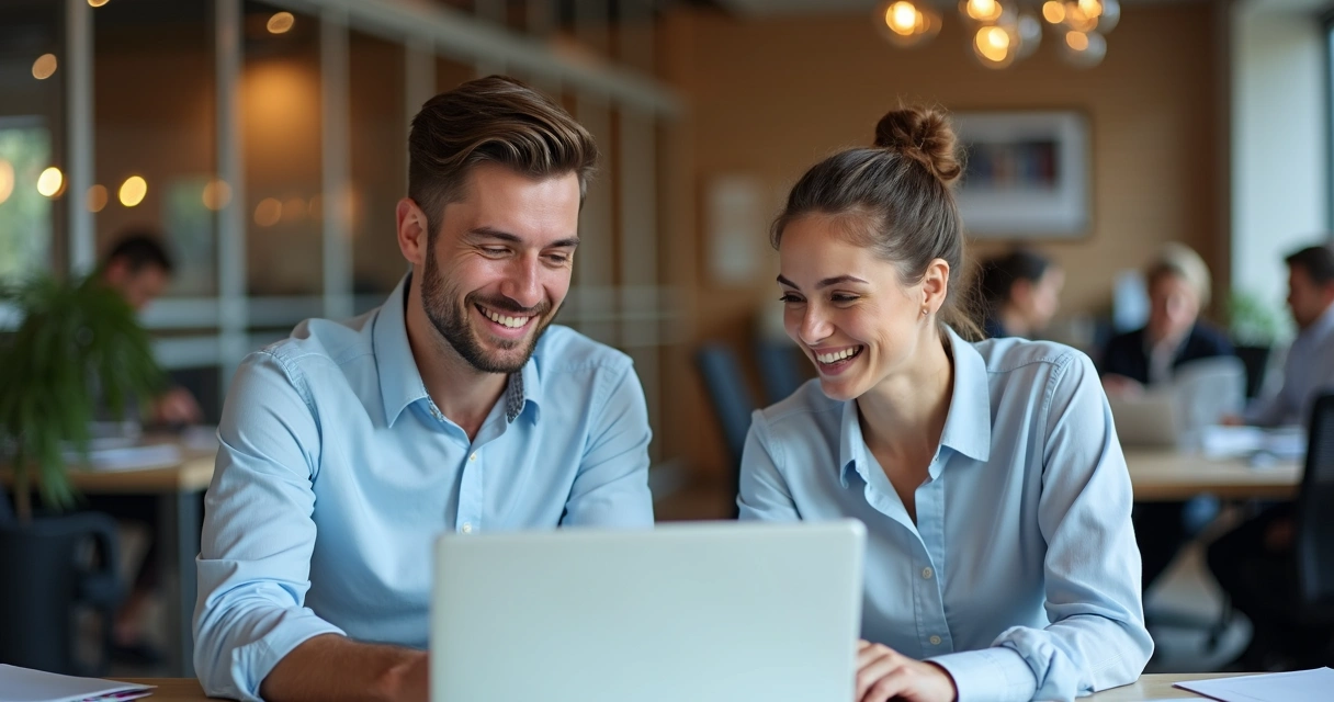 Técnico de TI conversando de forma amigável com um contador em ambiente de escritório 