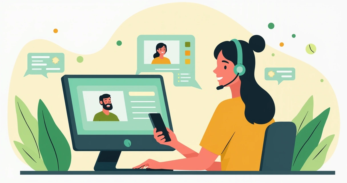 Pessoa atendendo cliente por chat com computador e celular, expressão amigável. 