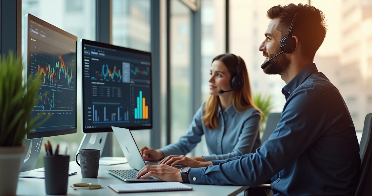 Atendimento humano em suporte técnico ERP com especialista orientando cliente em ambiente moderno de escritório 