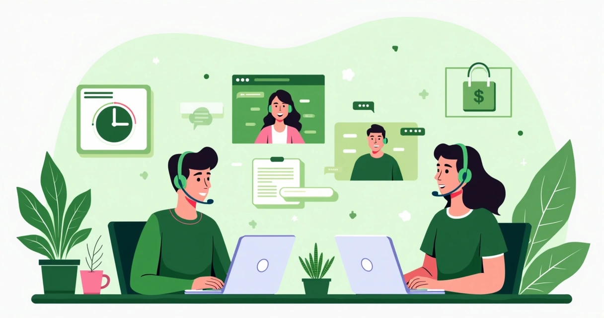 Ilustração de equipe de suporte atendendo clientes de e-commerce com telas de pagamento ao fundo 