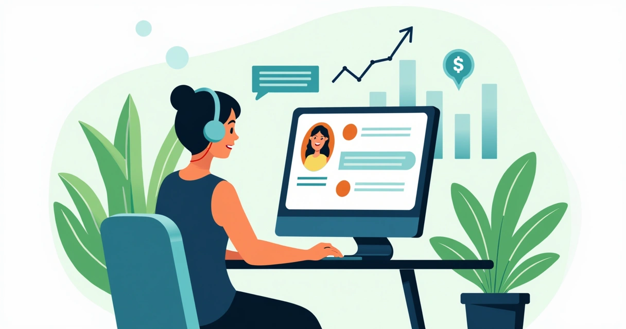 Colaborador de suporte digital respondendo cliente com painel de chat e gráficos ao fundo 
