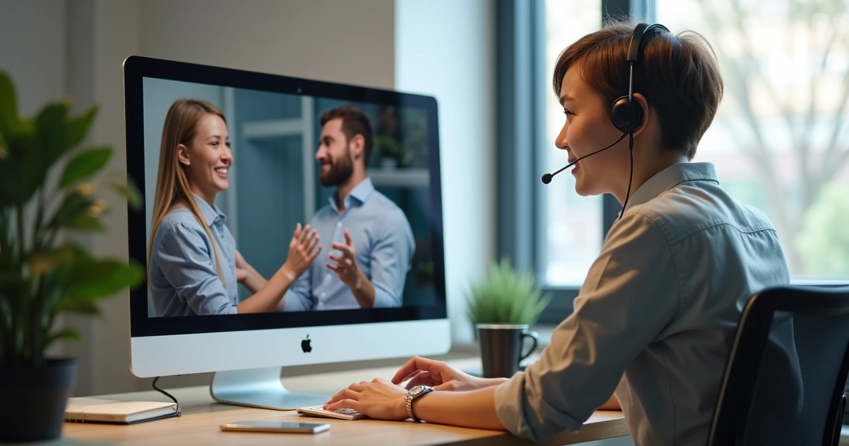 Pessoa atendendo usuário de EAD pelo computador, com sorriso gentil 