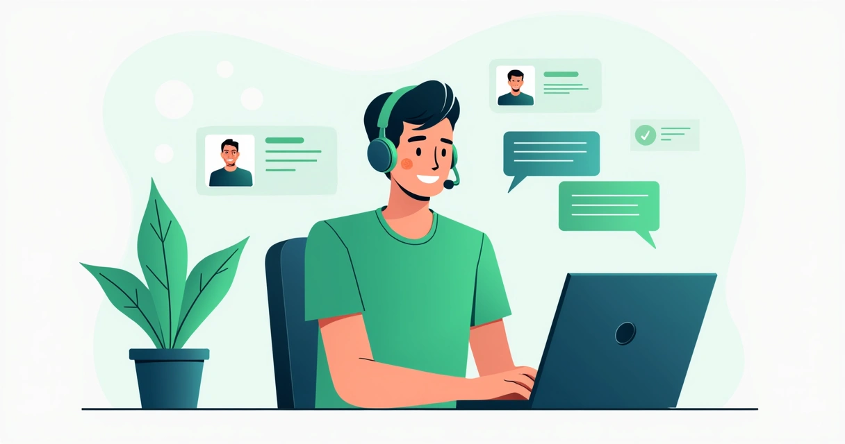 Agente de suporte sorridente usando headset em mesa com ícones de chat ao fundo 