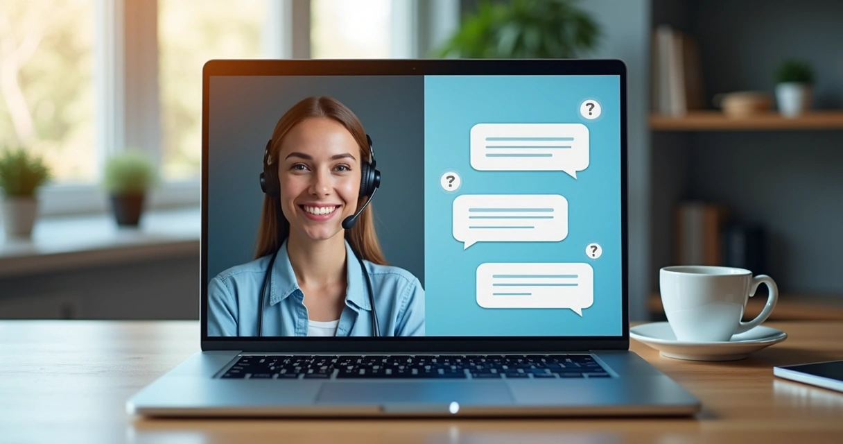 Computador na mesa com tela dividida mostrando atendimento humano via videochamada e chat automatizado com ícones de perguntas e respostas 