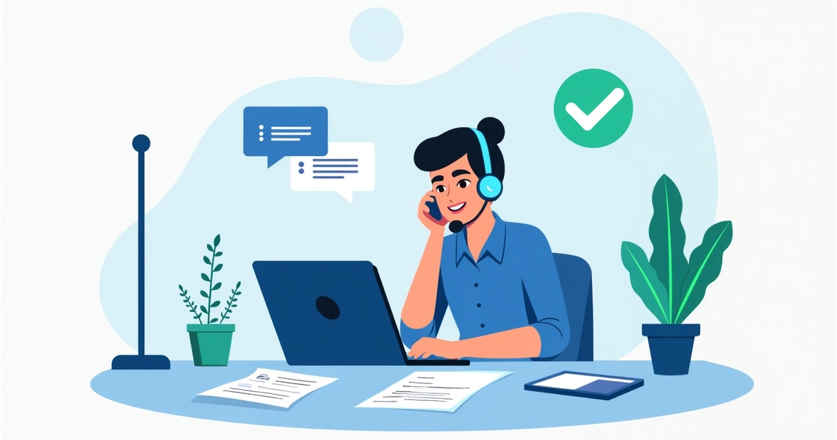 Pessoa ao telefone em mesa clara, suporte ao cliente, papéis e laptop abertos 