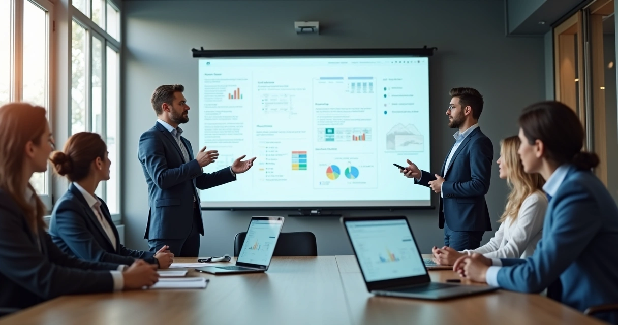 Especialista de TI treinando equipe sobre implementação de API em sala de reunião moderna 