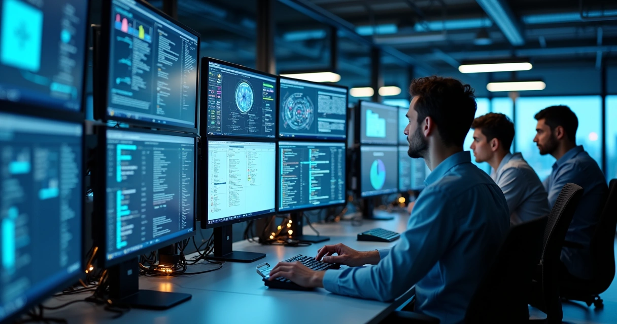Equipe técnica de TI trabalhando em servidores e computadores com múltiplos monitores em sala moderna e iluminada 