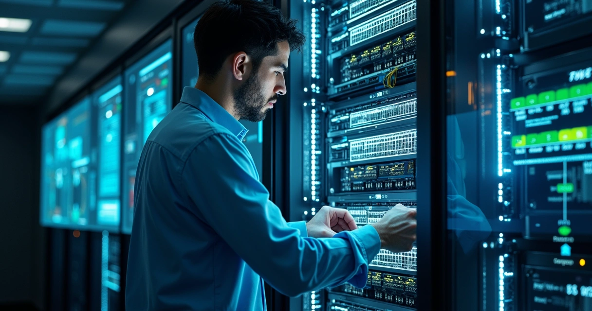 Técnico de TI trabalhando em servidores com painéis de rede e telas digitais ao fundo 