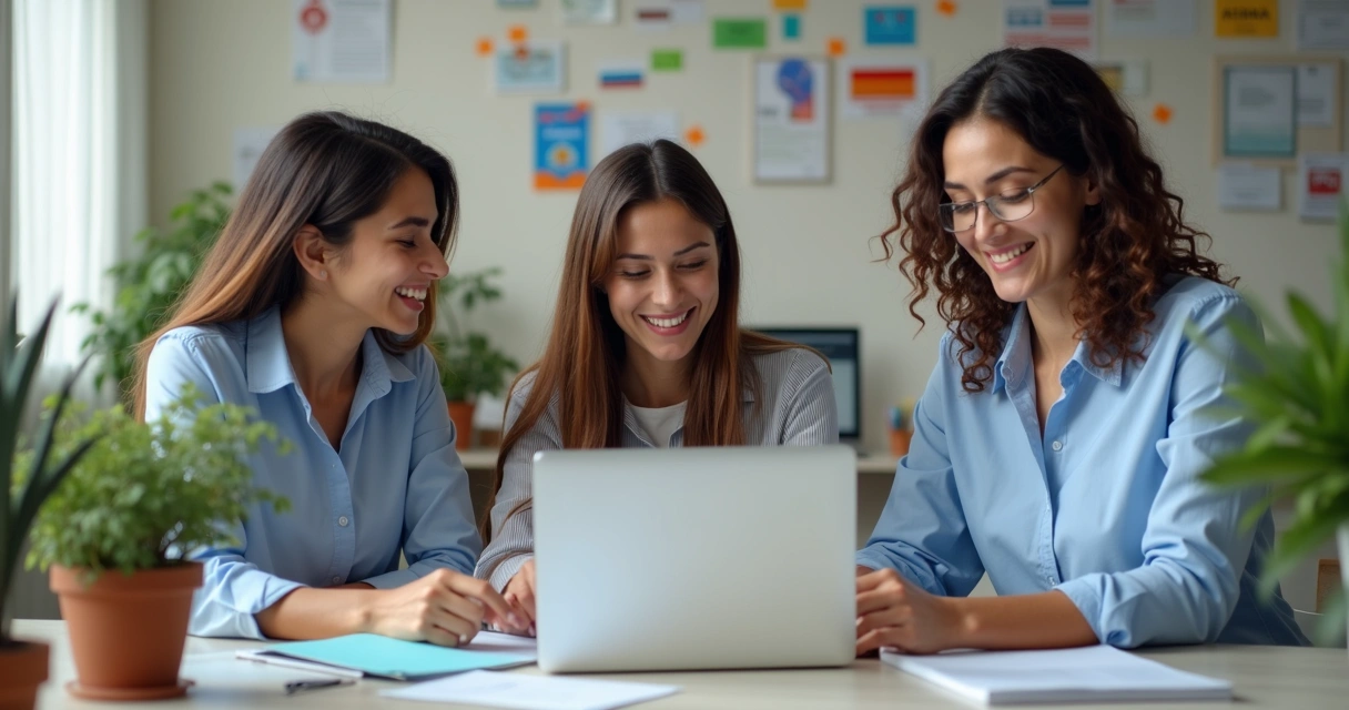 Equipe de atendimento e suporte educacional ao redor de notebook auxiliando estudante